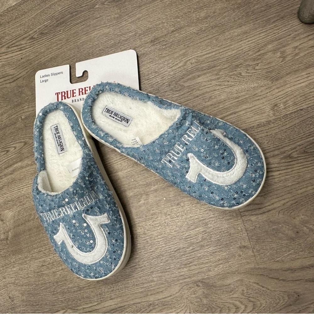 New True Religion Blue Sequin Women's Slippers - Picture 4 of 5